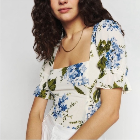 Reformation Constance Top in Riviera Blue White Floral smocked Square Neckline 8 - Picture 1 of 14